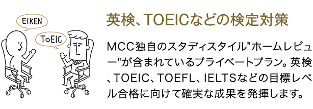 英検、TOEICなどの検定対策 MCC独自のスタディスタイル"ホームレビュー"が含まれているプライベートプラン。英検、TOEIC、TOEFL、IELTSなどの目標レベル合格に向けて確実な成果を発揮します。